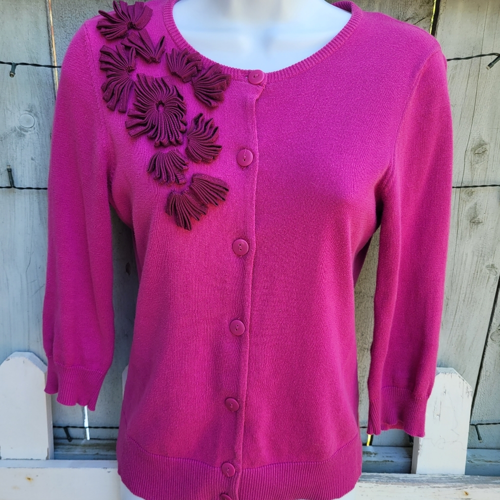 Anthropology Tabitha BarbieCore Fuscia Button Down Embellished Cardigan